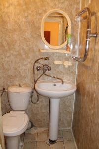 a bathroom with a toilet and a sink and a mirror at Hotel Druzhba in Abakan