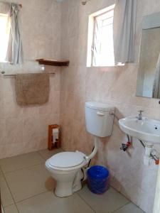 ein Badezimmer mit Toilette und Waschbecken in der Unterkunft Katawa Cottage in Monkey Bay