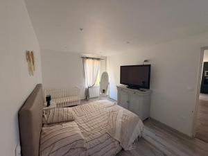 TV a/nebo společenská místnost v ubytování Charmante MAISON avec JARDIN & PARKING, tout équipé et confort - 10 min à pied de la mer + 2 fotografie