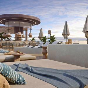 a rendering of a resort with tables and umbrellas at Hathor Dahabiya Cruise in Aswan