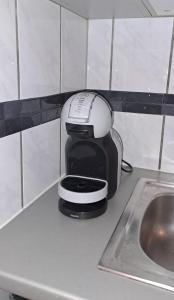 una macchina per il caffè appoggiata su un bancone accanto a un lavandino di Studio Chez Blondine l Proximité Europa-park l a Krafft
