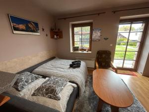 un salon avec un lit et un canapé dans l'établissement Apartmán v Srdci hor - Říčky v Orlických horách, à Říčky