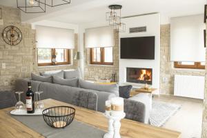 un salon avec un canapé et une cheminée dans l'établissement Snow Chalets Parnassos, à Kalívia