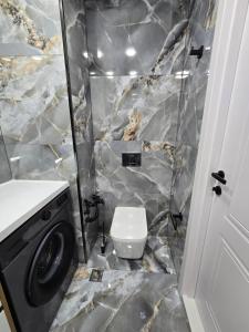 a bathroom with a white toilet and a shower at Blue sky in Itʼkhvisi +4 photos