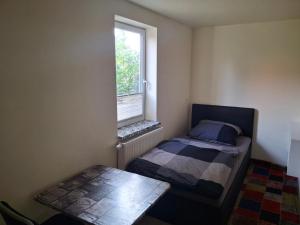 a small bedroom with a bed and a window at Gute Laune 3 in Zapel