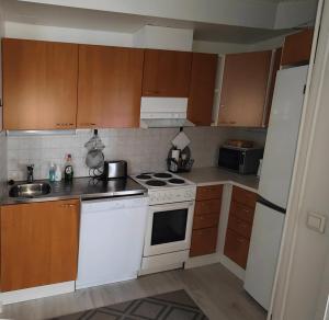 a small kitchen with white appliances and wooden cabinets at Huoneisto Villa Kaitera in Kuusamo