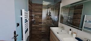 a bathroom with a sink and a mirror at Havre de paix en Drôme villa moderne climatisée - jacuzzi "la maison d'à côté" in Chatuzange-le-Goubet +64 photos
