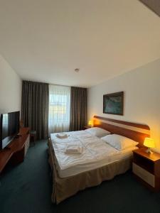 ein Schlafzimmer mit großem Bett und Flachbildfernseher in der Unterkunft Park Pension 