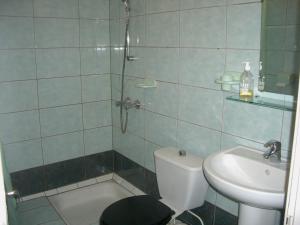 a bathroom with a shower and a toilet and a sink at Le Commerce in Bulgnéville