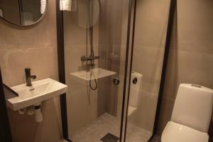 a bathroom with a shower and a sink and a toilet at Trudvang Apartment Hotel in Rena +29 photos