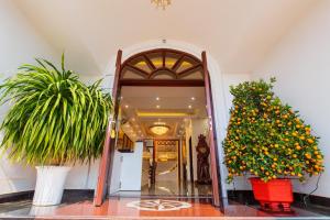 an entrance to a building with a christmas tree at Minh Cường Hotel Mộc Châu in Mộc Châu