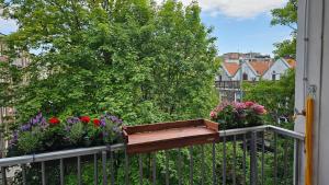 阿姆斯特丹Spacious Room with private king bathroom的阳台上摆放着花箱，围栏上摆放着花箱
