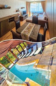 a living room with a table with a glass floor at Апартамент Орфинда- Pamporovo in Pamporovo