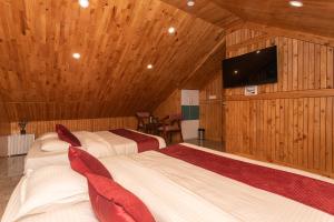 a room with three beds and a flat screen tv at Tara Van in Dharamshala