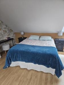 a bedroom with a large bed with a blue blanket at Chambre d'Hôtes à Magny le Hongre in Magny-le-Hongre