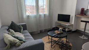 佩皮尼昂Superbe Appartement T3 Centre ville de Perpignan的客厅里有一张沙发和一张桌子。