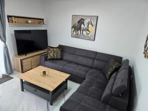 a living room with a couch and a table at Apartman Bugi Vukovar in Vukovar