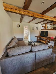 a living room with a couch and a flat screen tv at Gîte a la source in Bergholtz-Zell