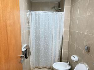 a bathroom with a shower curtain and a toilet at Loft frente al santorio de la mujer in Rosario