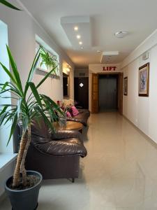 a lobby with two leather couches and a plant at Eva in Mrągowo