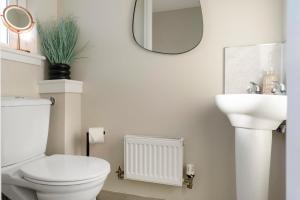 a bathroom with a toilet and a sink and a mirror at Dunfermline Retreat 3br Wi-fi Private Parking in Townhill +17 photos