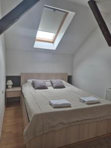 a bedroom with a large bed with a skylight at City Nest Apartments NS in Novi Sad
