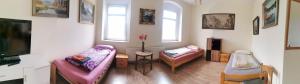 a living room with two couches and a tv at Schmetterling Zimmer in Bad Lausick