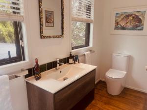 une salle de bain avec un lavabo et des toilettes dans l'établissement Floriana on Church - Oneroa, à Waiheke Island 14 autres photos