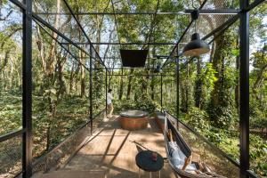 a person standing in a glass house in the woods at Cove by Raho in Siddapur