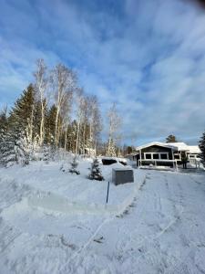 耶夫勒Henar Bed & Breakfast的雪覆盖的院子,背景是房子
