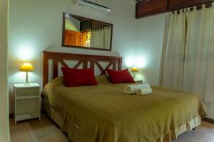 Un dormitorio con una cama con almohadas rojas y un espejo. en Hotel ACA Eldorado, en Eldorado