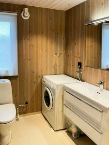 een badkamer met een wasmachine en een wastafel bij Modern Cabin With Panoramic Views In Nøsen in Lykkja +31 foto's