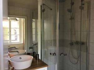 a bathroom with a shower and a sink and a tub at ciao-aschau Haus Burg Studio-Apartment101 in Aschau im Chiemgau +11 photos