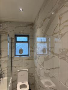 a bathroom with a toilet and a window at Bittern Lodge Homestay with Free Offsite Parking Spacious Kitchen with a Modern Bathroom Near the River Itchen in a peaceful neighborhood in Southampton