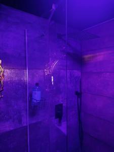 a purple room with a shower with a glass door at Love Room Les secrets interdits in Wattignies