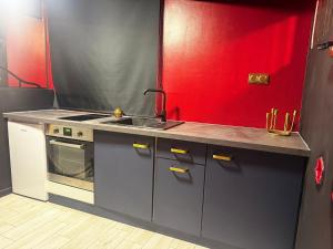 a kitchen with a sink and a red wall at Love Room Les secrets interdits in Wattignies +33 photos