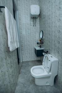 a bathroom with a white toilet and a mirror at Royal Homestay in Moshi +60 photos