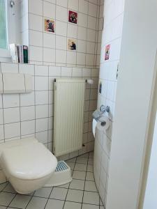 a white bathroom with a toilet and a radiator at ZU HAUSE Pfalz in Bad Dürkheim +27 photos