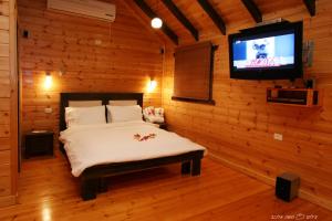 um quarto com uma cama e uma televisão na parede em Noach Batavor em Kefar Qish