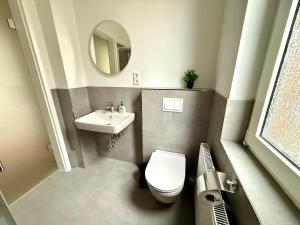 Un baño con inodoro, lavabo y espejo. en Luxury Holiday Apartment in Osnabrück 10304, en Osnabrück