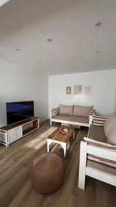 a living room with a couch and a flat screen tv at Andina Apart - Calm in the heart of Mendoza in Mendoza