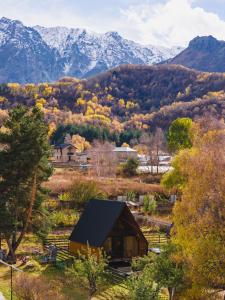 a barn in a field with mountains in the background at Forest view kazbegi in Sioni