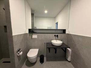 a bathroom with a sink and a toilet at Modern Holiday Apartment in Osnabrück 13001 in Osnabrück