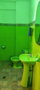 a green bathroom with a sink and a toilet at Hostal Piedra Andina in Copacabana