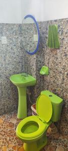 a bathroom with a green toilet and a sink at Hostal Piedra Andina in Copacabana