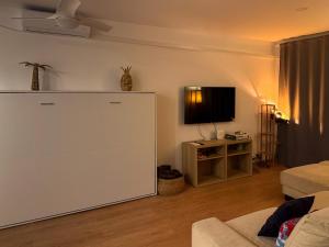 a living room with a flat screen tv and a couch at Apartment in 5 Mares development in Puebla de Farnals
