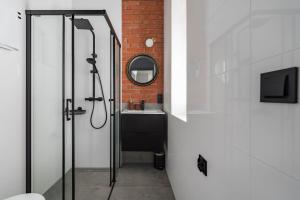 a bathroom with a shower and a sink and a mirror at Apartamenty Stojałowskiego 18 in Bielsko-Biala +36 photos