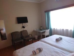 a hotel room with two beds and a desk and a television at Xenia Bed & Breakfast in Windhoek