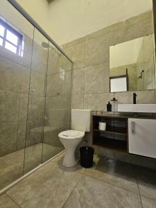 a bathroom with a toilet and a sink and a mirror at Mata em Mar - Chalé em Camburi in São Sebastião