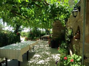 a garden with a table and chairs under a tree at Spring Of Life Forever in Amargeti